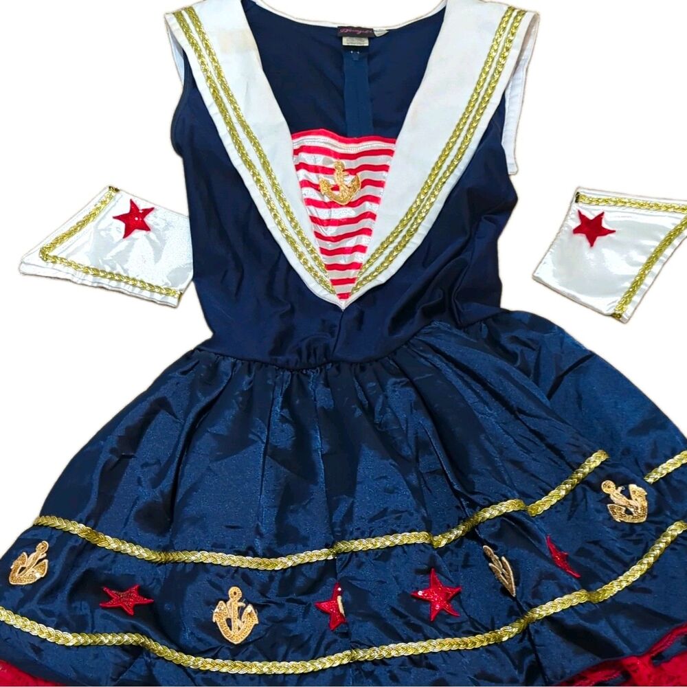 Dreamgirl Sailor Halloween Dress Costume 4 Piece Set Blue/White/Red/Gold S